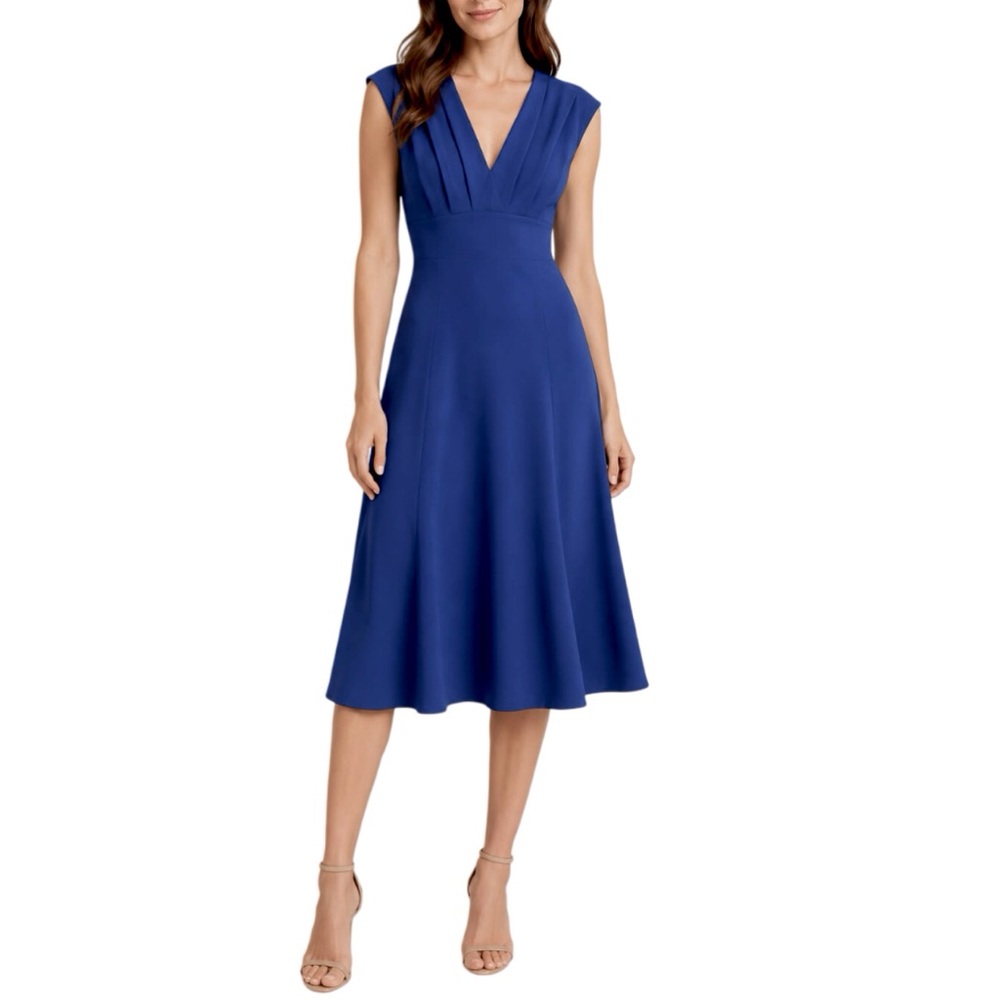 Donna Karan Sleeveless Midi Blue Dress Pleated Bodice V Neck Fit & Flare Size 12